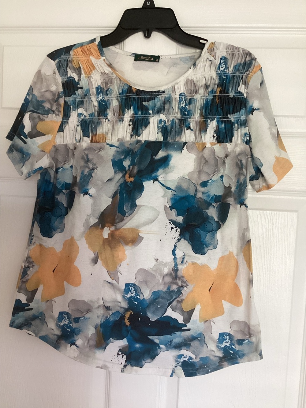 Floral Ofeefan Short-Sleeve Blouse in‎ Teal, Mustard & Gray